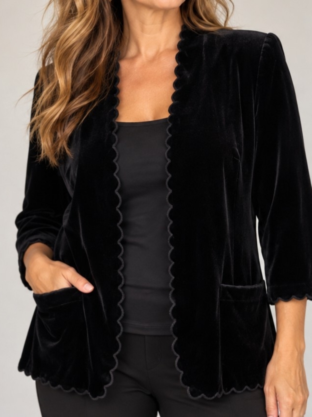 Velvet Scalloped Edge Open-Front Sleepwear Jacket - Black